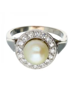 Anillo de oro blanco 18 kl moissante y perla