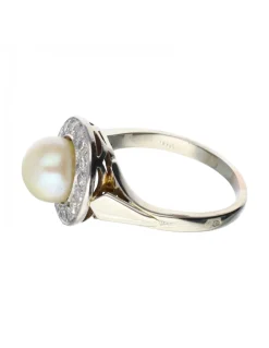 Anillo de oro blanco 18 kl moissante y perla