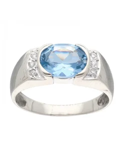 Anillo de Oro blanco 18K con diseño, Circonitas y Piedra Sintética azul