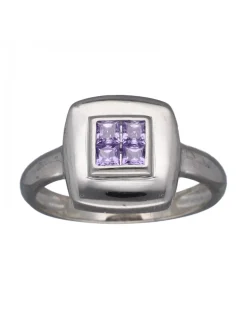 Anillo de Oro blanco 18K con diseño cuadrado y Piedras Sintéticas