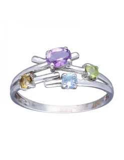 Anillo de Oro blanco 18K con diseño y Piedras sintéticas de colores
