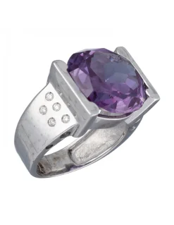 Anillo de Oro blanco 18K con diseño, Amatista y brillantes