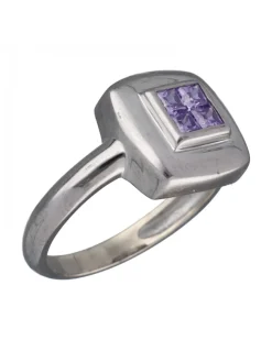Anillo de Oro blanco 18K con diseño cuadrado y Piedras Sintéticas