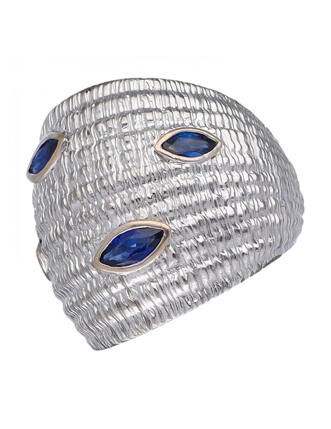 Anillo de Oro blanco 18K con diseño y Piedras Sintéticas azules