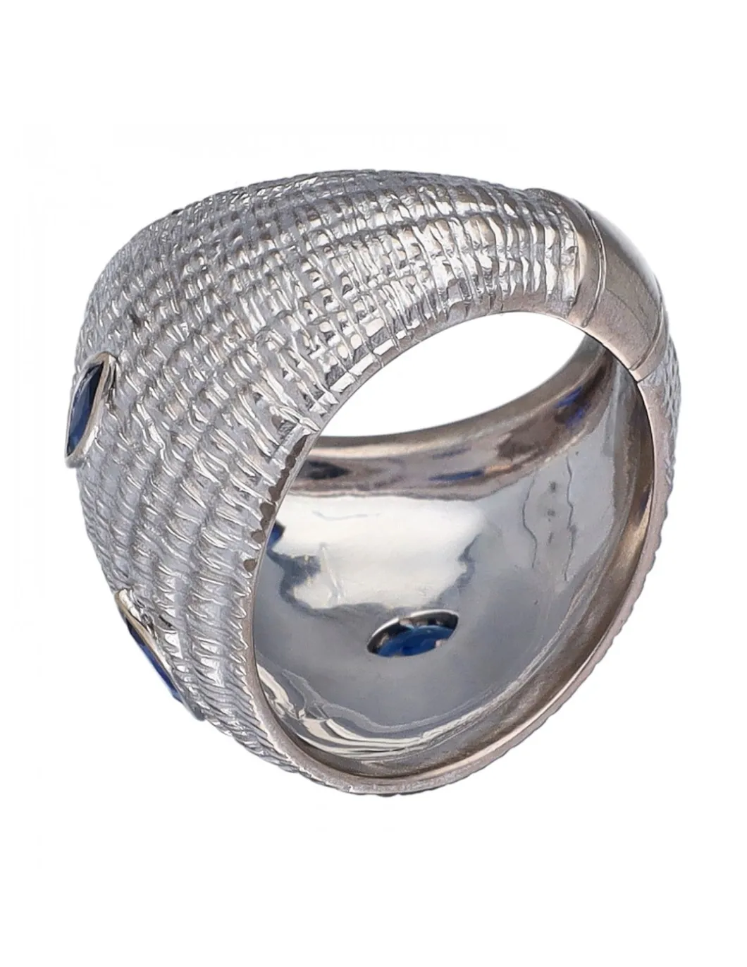 Anillo de Oro blanco 18K con diseño y Piedras Sintéticas azules