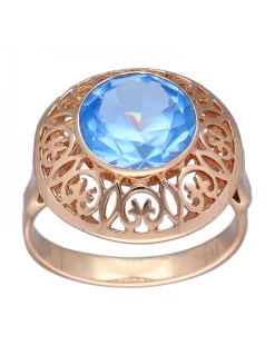 Anillo de Oro rosado 18K con diseño y Piedra Sintética azul