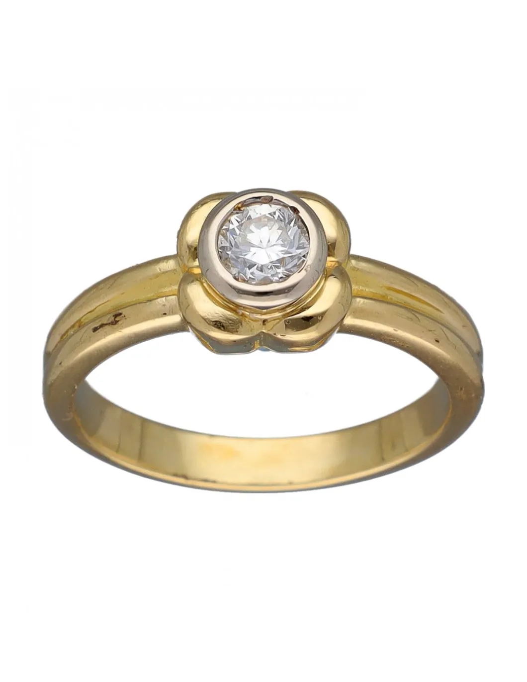 Anillo Solitario de Oro amarillo con diseño de Flor y Brillante