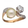 Anillo Tú y Yo Vintage, de Oro amarillo y blanco, con Perla y Brillantes