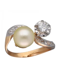 Anillo Tú y Yo Vintage, de Oro amarillo y blanco, con Perla y Brillantes
