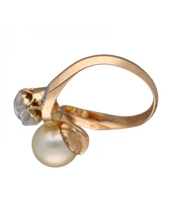 Anillo Tú y Yo Vintage, de Oro amarillo y blanco, con Perla y Brillantes