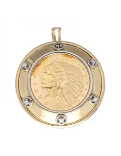Colgante con moneda incrustada de 5 dólares de 1909 oro 18 K y brillantes