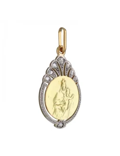 Colgante de Oro amarillo y blanco con motivo religioso de la Virgen, el Niño y Circonitas