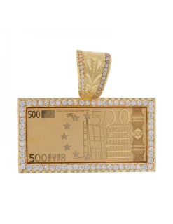 Colgante de Oro amarillo 18K con diseño rectangular, Billete de 500 Euros, Circonitas