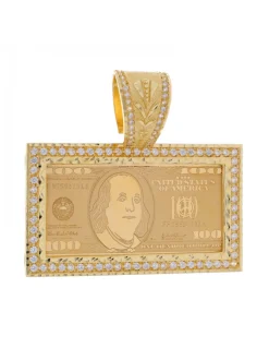 Colgante de Oro amarillo 18K con diseño rectangular, Billete de 100 Dólares y Circonitas