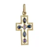 Colgante de Oro amarillo 18K con diseño de Cruz y Piedras Sintéticas azules y rosadas