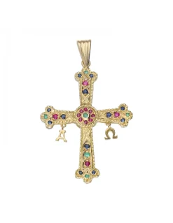 Colgante de oro amarillo 18 K con diseño de cruz y piedras sintéticas