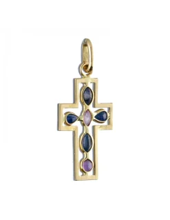 Colgante de Oro amarillo 18K con diseño de Cruz y Piedras Sintéticas azules y rosadas