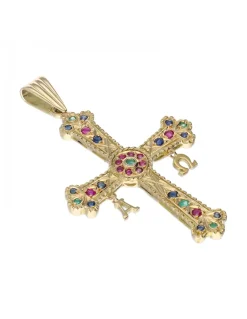 Colgante de oro amarillo 18 K con diseño de cruz y piedras sintéticas