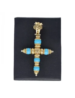 Colgante de oro amarillo 18 Kl diseño de cruz con turquesas
