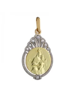 Colgante de Oro amarillo y blanco con motivo religioso de la Virgen, el Niño y Circonitas