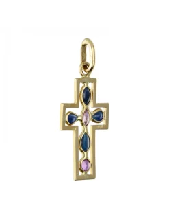 Colgante de Oro amarillo 18K con diseño de Cruz y Piedras Sintéticas azules y rosadas