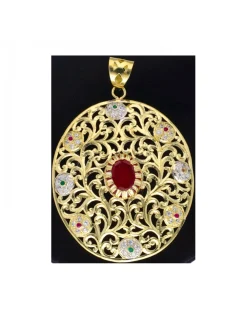 Colgante de oro amarillo 18 Kl con diseño ovalado piedra roja sintética y circonitas