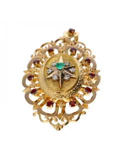 Colgante de Oro 18K con diseño de Adorno para pecho tipo aguja, Esmeralda y Rubíes