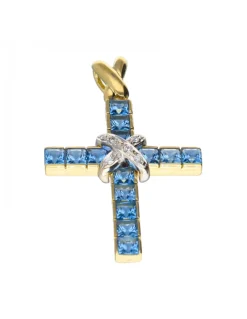 Colgante religioso de oro y oro blanco 18 kl con aguamarinas y zirconitas