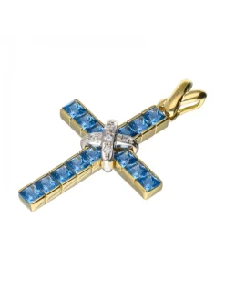 Colgante religioso de oro y oro blanco 18 kl con aguamarinas y zirconitas
