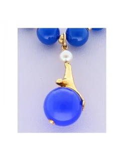 Gargantilla de oro amarillo con bolas azules y colgante Foca sobre bola azul y Perla