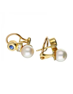 Pendientes con zafiro, circonitas y perla oro amarillo 18kl