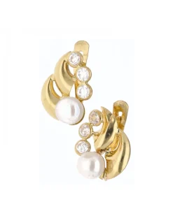 Pendientes de oro amarillo 18 Kl con diseño circonitas circundantes y perlas