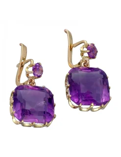 Pendientes de Oro amarillo 18K con diseño y Amatistas redondas y cuadradas