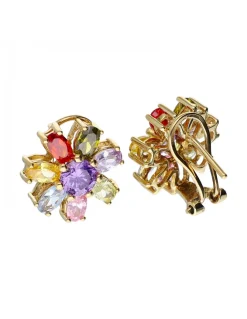 Pendientes de Oro amarillo 18K con diseño de Flor y Piedras Sintéticas de colores