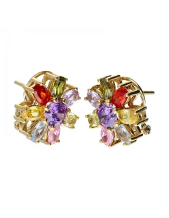 Pendientes de Oro amarillo 18K con diseño de Flor y Piedras Sintéticas de colores