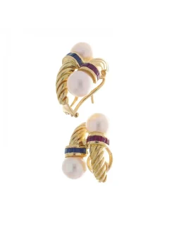 Pendientes de oro amarillo 18K con diseño zafiros rubíes y perlas