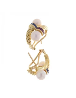 Pendientes de oro amarillo 18K con diseño zafiros rubíes y perlas