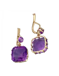 Pendientes de Oro amarillo 18K con diseño y Amatistas redondas y cuadradas