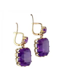 Pendientes de Oro amarillo 18K con diseño y Amatistas redondas y cuadradas