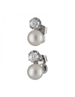 Pendientes de Oro blanco con diseño, Perlas y Brillantes