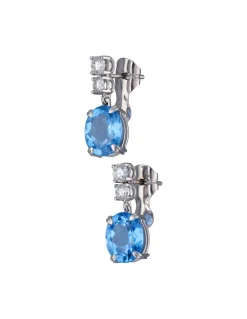 Pendientes de Oro blanco, diseño Colgante, piedras Aguamarina y Brillantes
