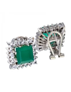 Pendientes de oro blanco 18K con diseño cuadrado circonitas y esmeraldas sintéticas