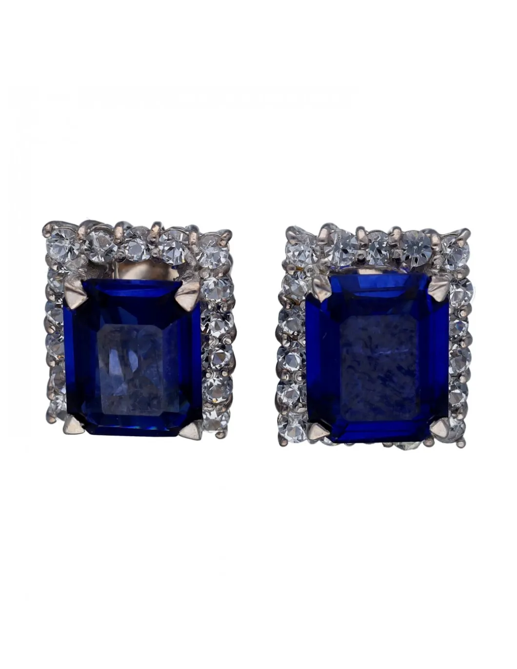 Pendientes de Oro Blanco con diseño cuadrado, Circonitas y Zafiros