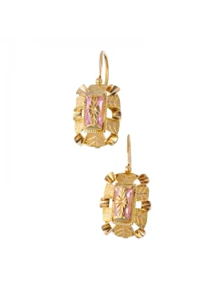 Pendientes de oro 18K con diseño cuadrado y zircón rosado