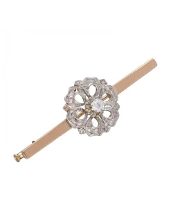 Prendedor tipo Aguja, de Oro rosado y blanco, con diseño de flor y Brillantes