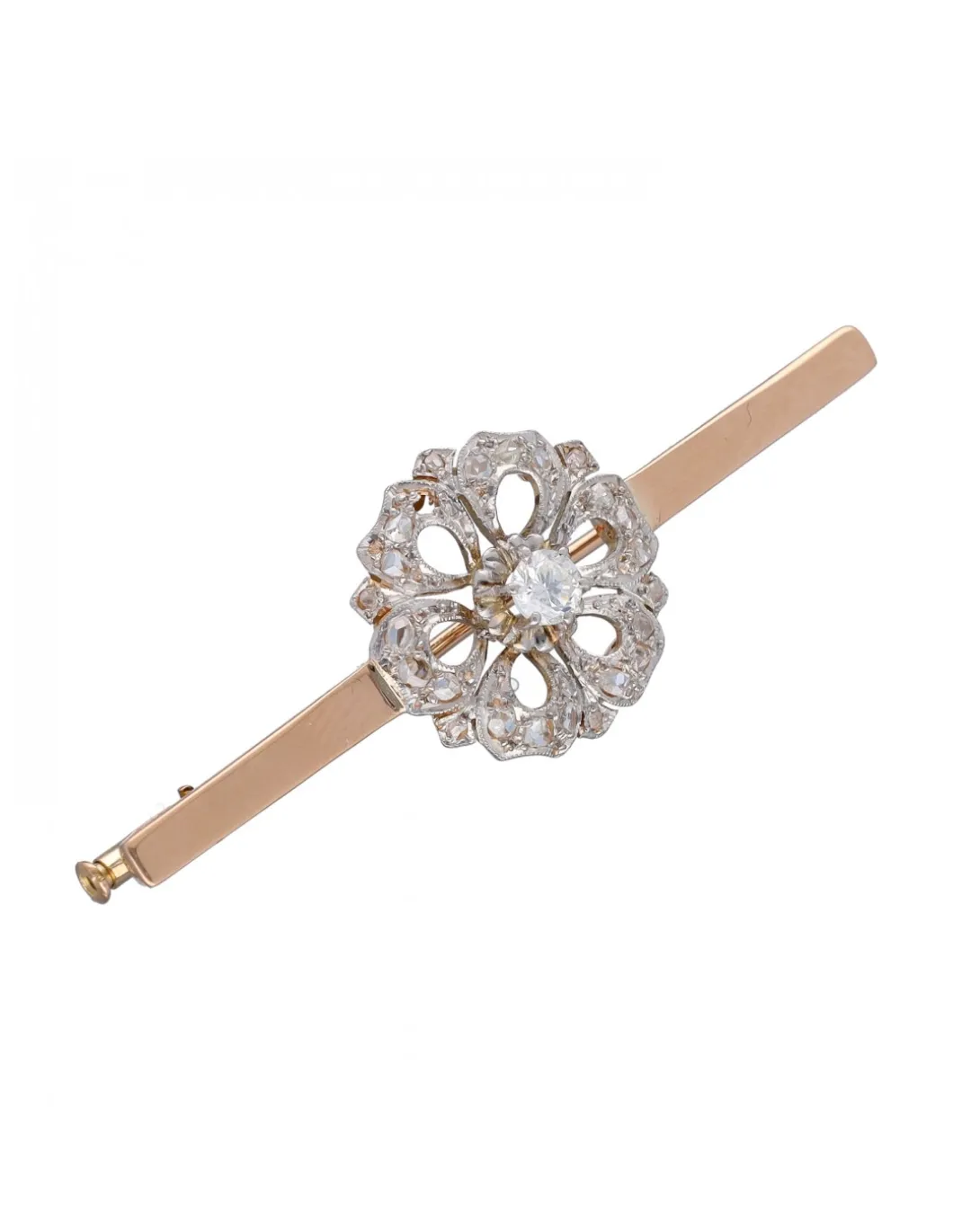Prendedor tipo Aguja, de Oro rosado y blanco, con diseño de flor y Brillantes