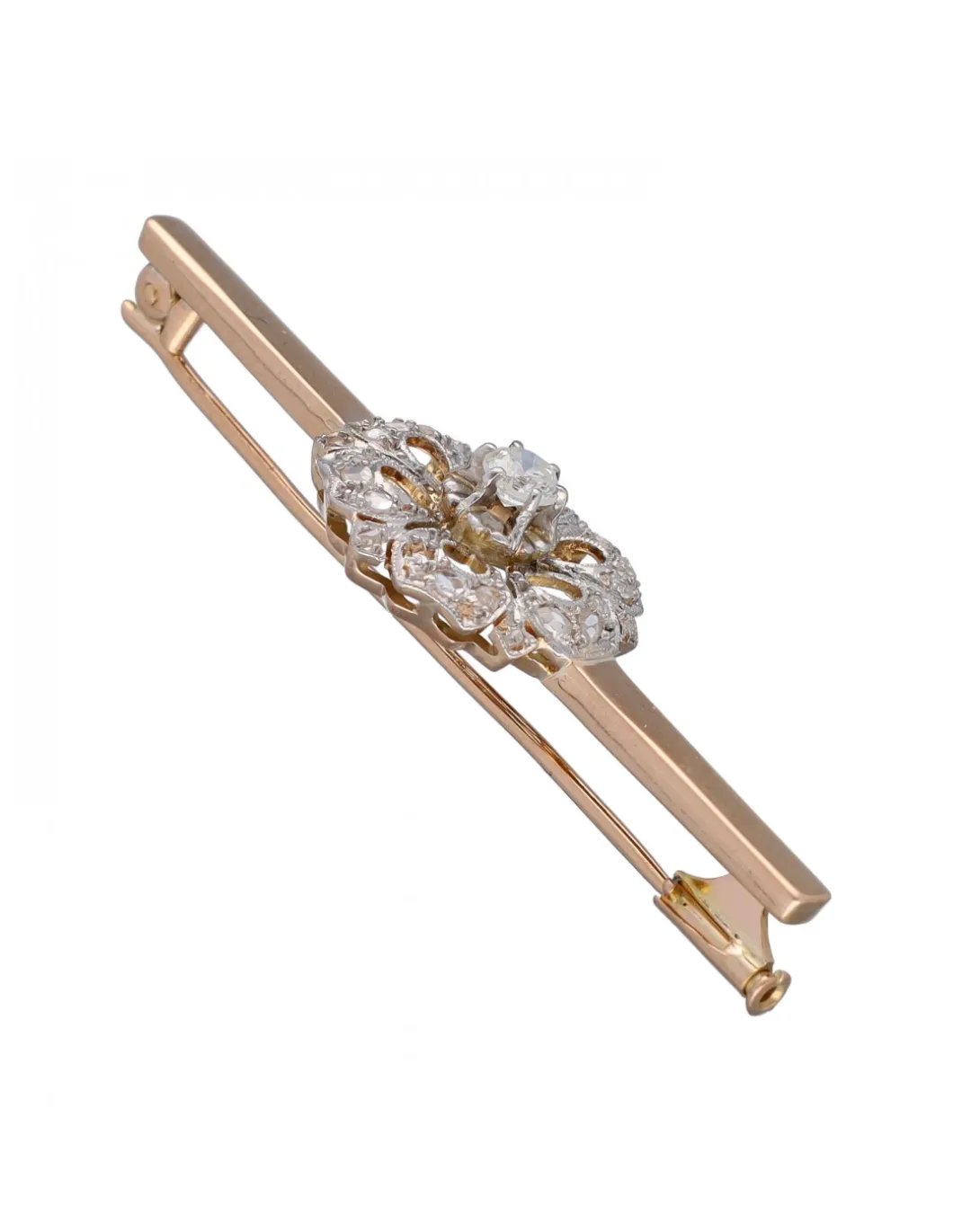 Prendedor tipo Aguja, de Oro rosado y blanco, con diseño de flor y Brillantes