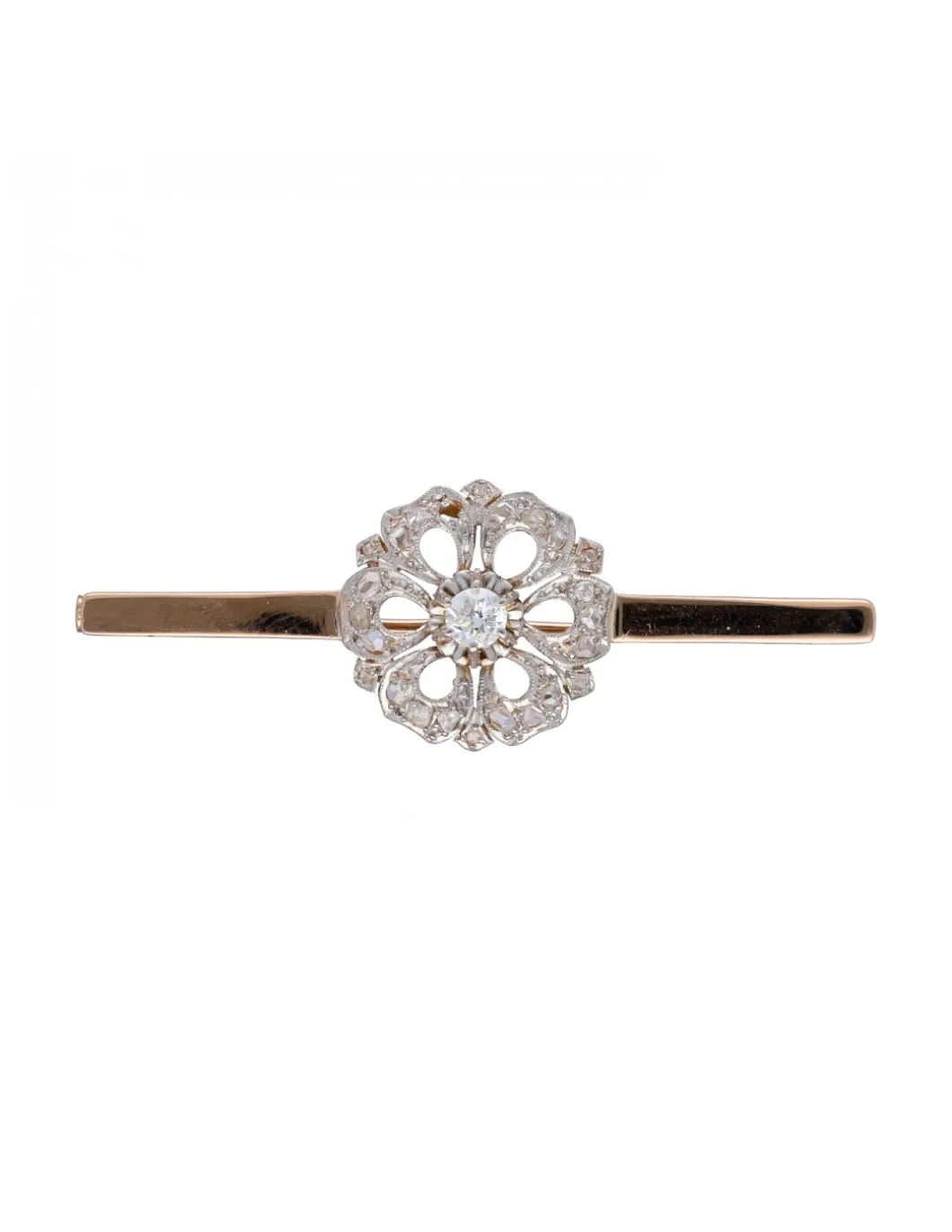 Prendedor tipo Aguja, de Oro rosado y blanco, con diseño de flor y Brillantes