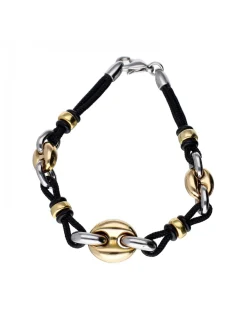Pulsera de oro amarillo y blanco 18K con cordón negro