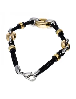 Pulsera de oro amarillo y blanco 18K con cordón negro